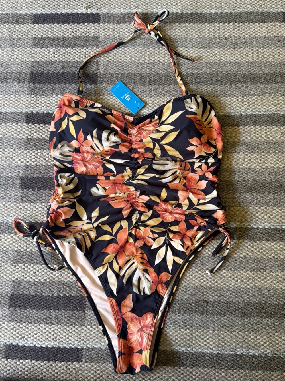Cupshe Black Floral Kids One-Piece Swimsuit with Coral and Cream Leaves